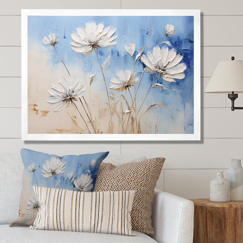 «Minimal Beige and Blue Cornflowers Expression I», impressions d'art mural, H 16 po x l 32 po x P 1 po, Cadre simple blanc