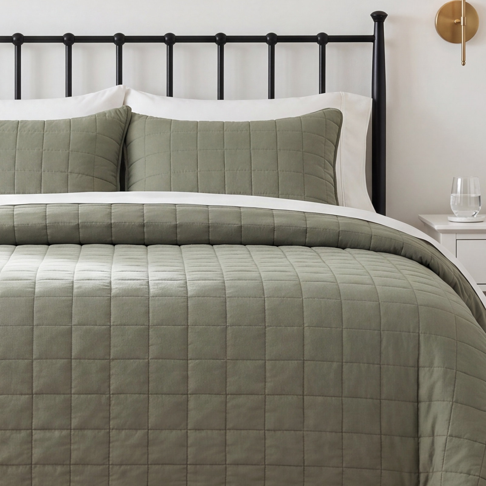 100% Cotton Box Stitch Quilt Set, Queen Quilt + 2 Queen Shams, Olive Green
