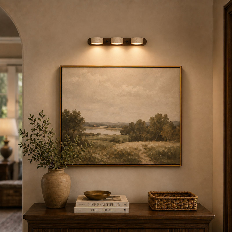 Applique murale de salle de bain en travertin naturel à 3 lumières, avec 3 températures de couleur et abat-jour orientables à 350 °