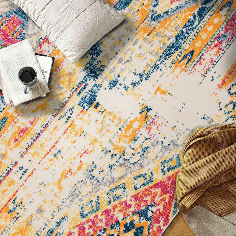 Tapis jaune / bleu / rouge Ezzelina, Rectangle 5 pi x 7 pi