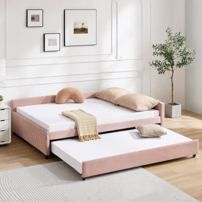 Lit de jour rembourré avec lit gigogne, structure de lit en bois robuste, conception de grille de diamant moderne, pour chambre à coucher, chambre d'amis (rose)