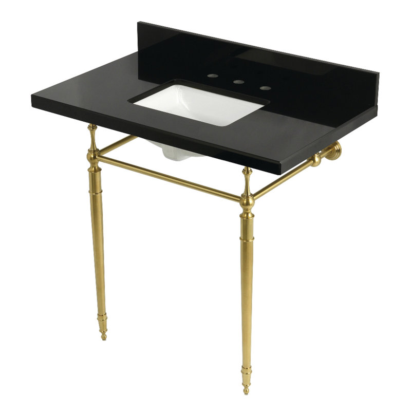 Kingston Brass Edwardian 36-Inch Black Granite Console Sink with Brass Legs (8-Inch, 3-Hole), Brushed Brass