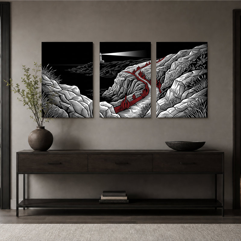 Ensemble de 3 toiles d'art phare de style bord de mer avec sentier rouge, 24"H x 16"W x 3pcs