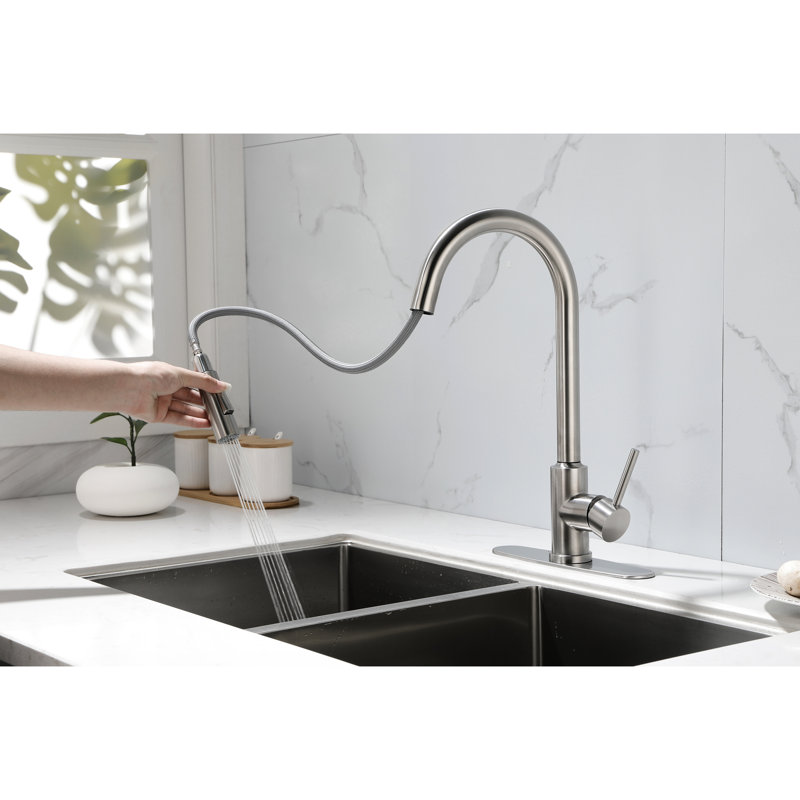 Kitchen Faucet With Pull Down - Brushed Nickel Look, Stainless Steel Build, 360 Rotating Nozzle For Convenient Water Access, Single Handle Temperature And Flow Regulation, Corrosion Coating Pull-Down