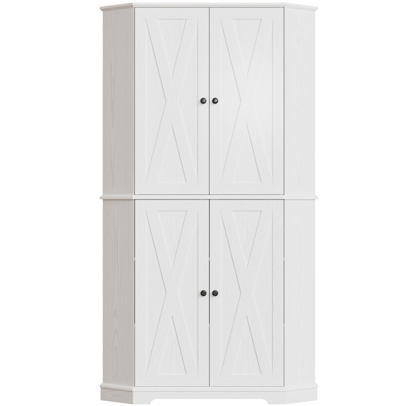 Armoire de coin Farmhouse, armoire de cuisine à 6 niveaux avec 4 tablettes réglables, 2 portes de rangement et huche spacieuse pour la cuisine, le salon, le blanc