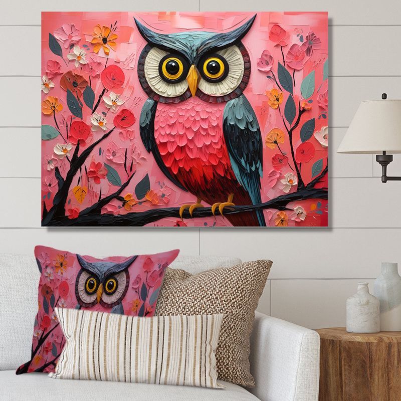 «Rose and Blue Owls Gaze III», art mural hibou, Toile tendue, H 34 po x l 44 po x P 1,5 po