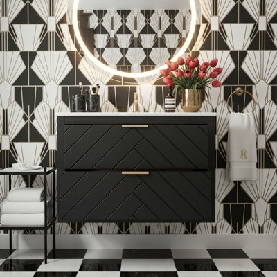 Meuble-lavabo flottant mural moderne de 30 po avec lavabo en céramique, 2 tiroirs à fermeture en douceur avec texture à chevrons (noyer / noir)