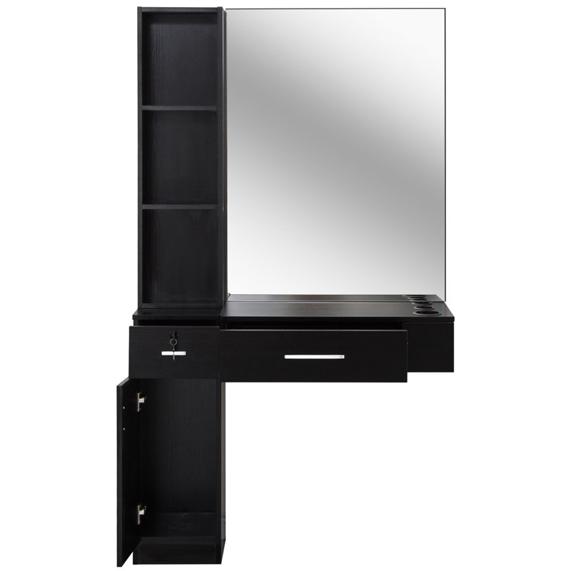 Bowlin Wall Mount Styling Station Vanity  with Mirror for Salon, Black