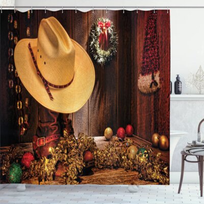 Western Farmhouse with Christmas Decorations with Wreath Americana Style Image Print Shower Curtain Set -  East Urban Home, sc_23101_long