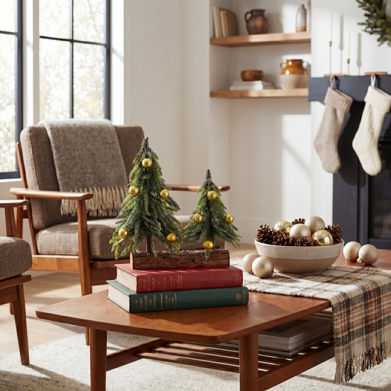10in. Artificial Snowed Downswept Christmas Tree Duo with Ornaments in Rustic Wooden Log Base