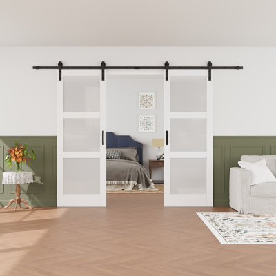2 Piece Glass and Manufactured Wood Double Sliding Barn Door with Installation Hardware Kit Set