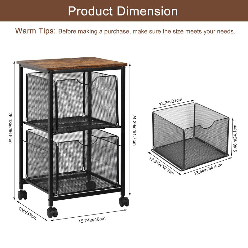 Mesh File Cart With 2 Drawers & Swivel Casters, Lockable Rolling File Organizer Cabinet For Office
