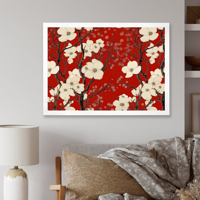 Élégance sur toile rouge et blanc Dogwood, H 30 po x l 40 po x P 1,5 po, Cadre simple blanc