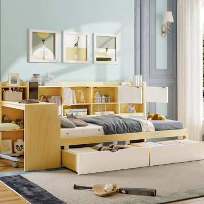 L-Shape Daybed With Cabinet Storage - Twin, Natural + White Bookshelf
