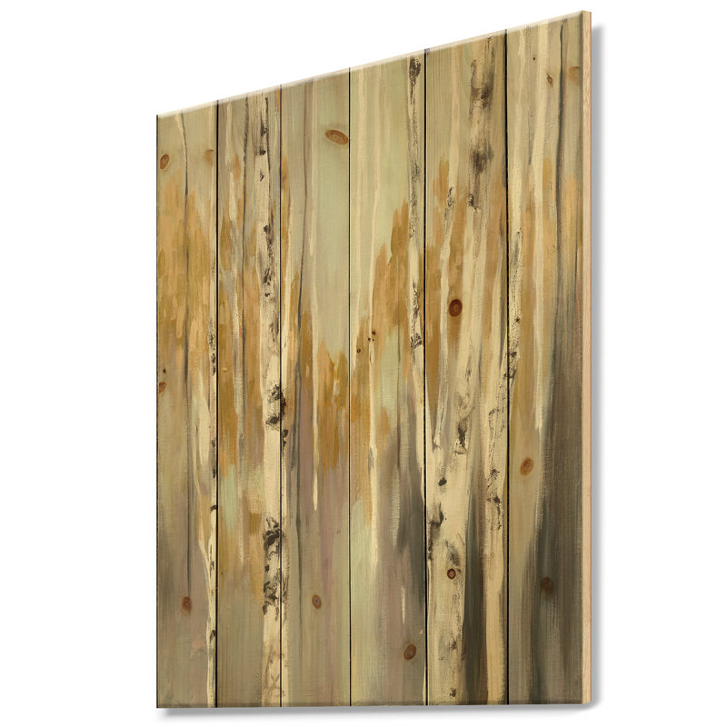 Forêt de bouleaux argentée et jaune II - reproduction de chalet sur bois de pin naturel, H 20 po x l 12 po x P 1po
