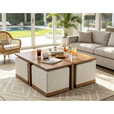 Contemporary Square Wooden Coffee Table Set w/4 Rolling Light Gray Upholstered Stools, Brown Cross-Pattern Veneer Cocktail Table, Pre-Assembled Hidden Ottomans, Indoor & Patio Multi-Use, Great Gift for Housewarming & All Holidays