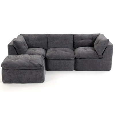 Modern Cloud-style Living Room Sofa, Deep Seat Convertible L-shaped Frame-free Sofa (with Ottoman), Oversized Comfortable 4-seater Chenille Fabric Compression Sofa, Modular Sectional Sofa