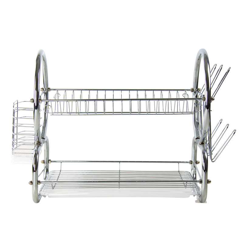 SQ Professional Two-Tier Dish Rack with Drip Tray Rinse Basket, Chrome