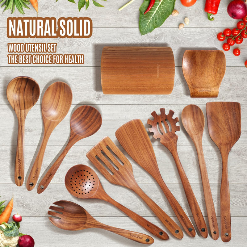 Mooues cuillères en bois pour la cuisine, ensemble d'ustensiles de cuisine en bois de teck 12PCS avec repose-cuillère - fini lisse, antiadhésif, prise confortable, ensemble d'ustensiles de cuisine résistants à la chaleur