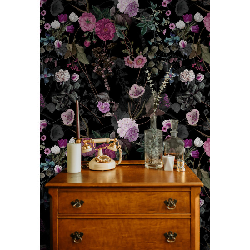 Papier peint floral noir - Élégante murale à fleurs foncées