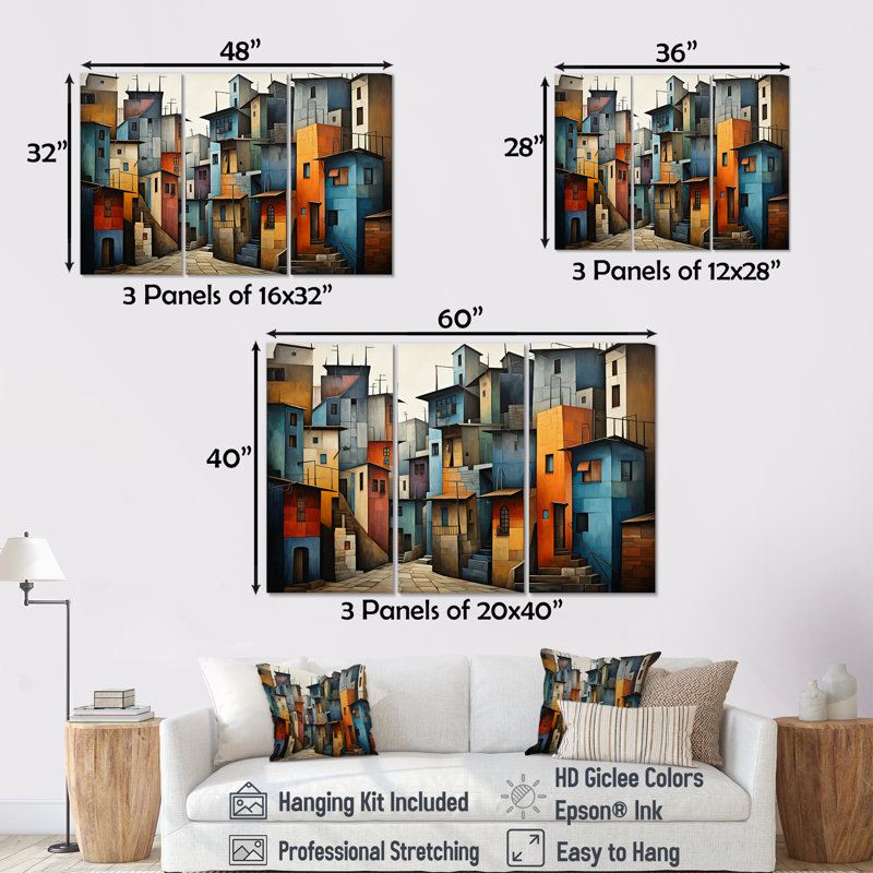 «Cubist Urbanism Horizon» - ensemble d'art mural sur toile Cubism, H 28 po x l 36 po x P 1 po, Toile tendue