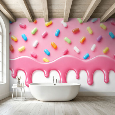 Papier peint adhésif pelez et collez, crème glacée rose, bonbon mignon coloré, saupoudrez une longue bordure, art mural auto-adhésif et amovible