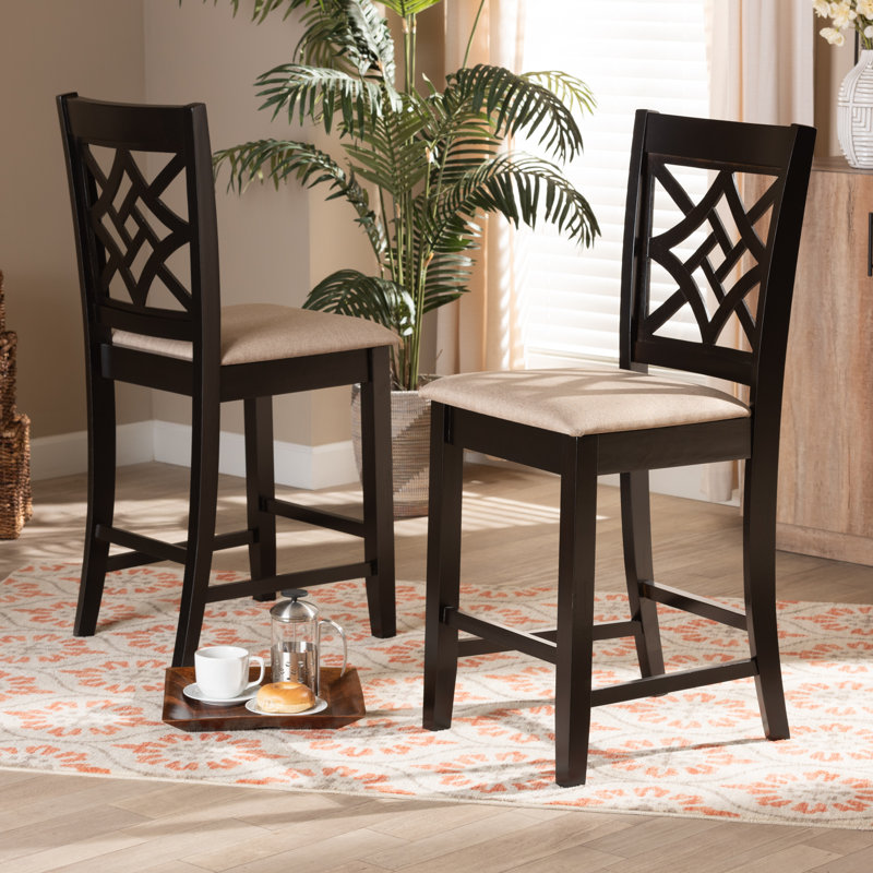 Upholstered Counter Stool with Solid Wood Frame, Sand, Dark Brown