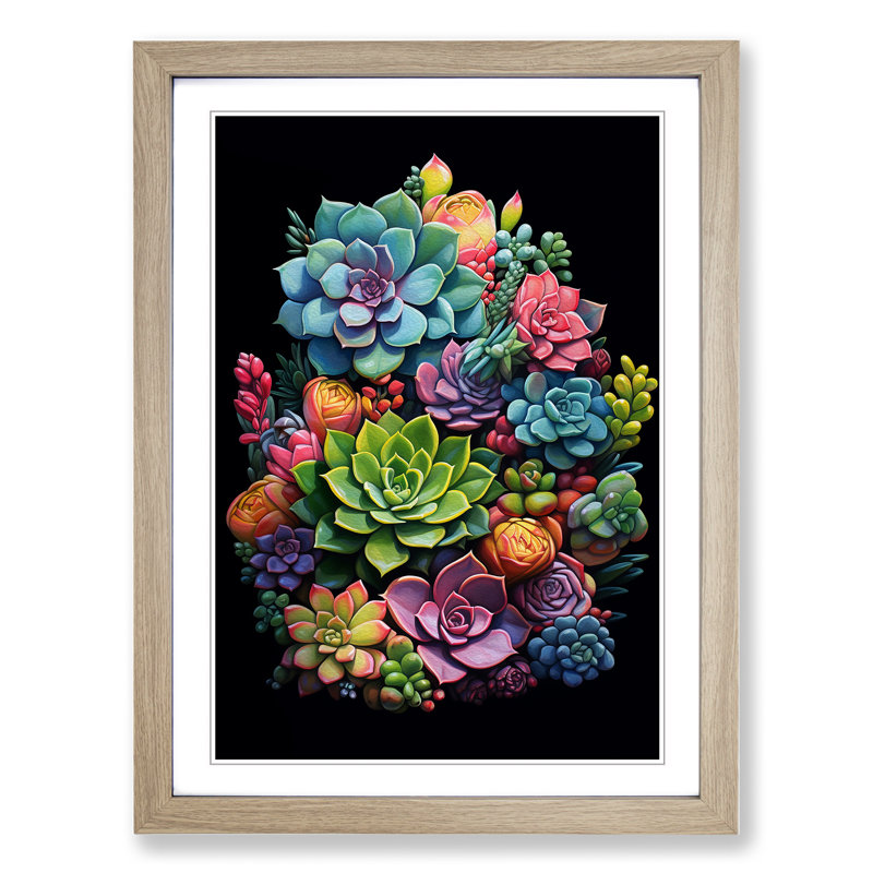 Succulent Tachisme Art - Framed Print, 64cm H x 46cm W x 2cm D, Oak Framed