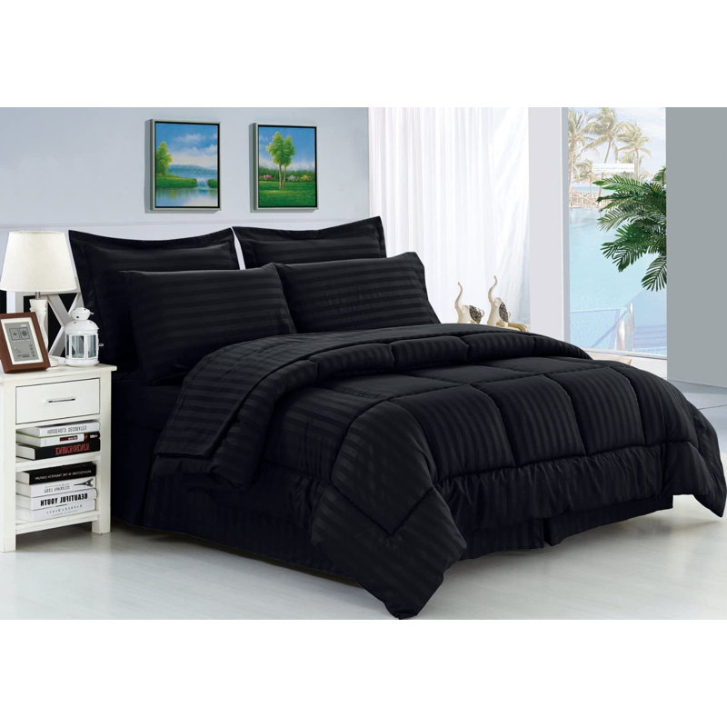 Latitude Run® Wrinkle Resistant - Silky Soft Dobby Stripe Bed-In-A-Bag 8-Piece Comforter Set --Hypoallergenic - King Burgundy