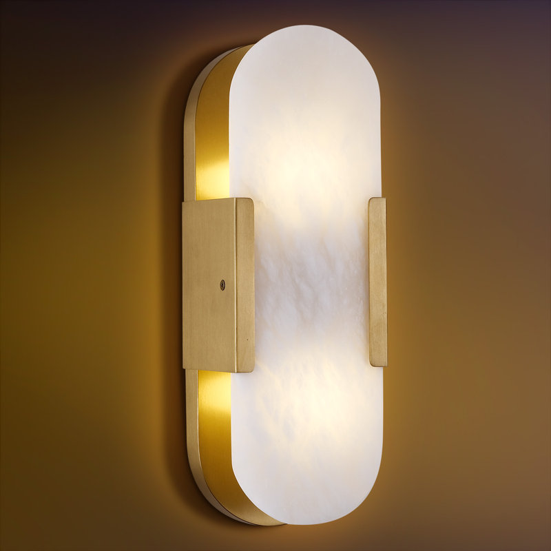 1-Light 14" Dimmable Wall Mounted Sconce with Alabaster Shade (Bulbs Included), 13.8" H x 4.6" W x 3.4" D, No, Brass