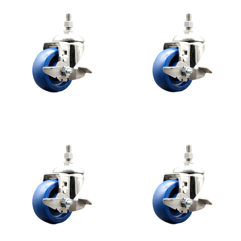 316SS Solid Polyurethane Swivel Threaded Stem Caster Set Brake
