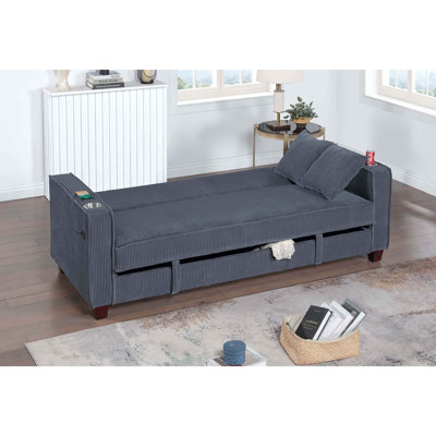 Canapé convertible de style contemporain avec accoudoirs carrés convertibles 1 pièce et porte-gobelets avec rangement caché assorti, port USB, salon principal
