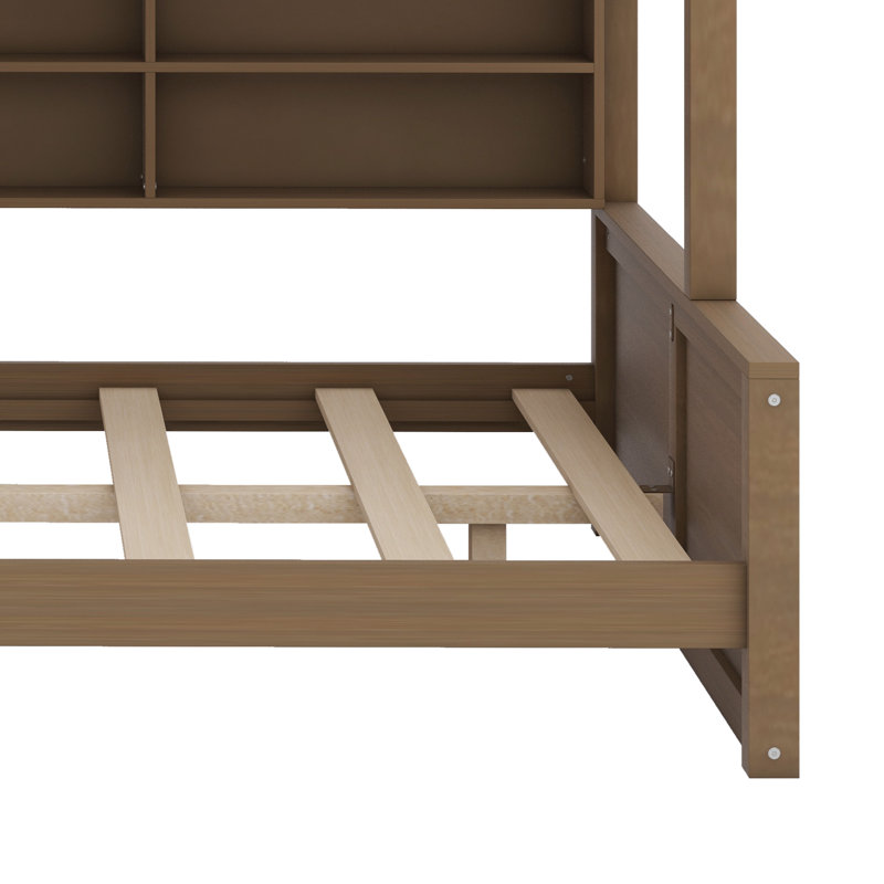 Lit superposé simple au-dessus de très grand lit simple avec tablettes de rangement et ports USB, Bois antique