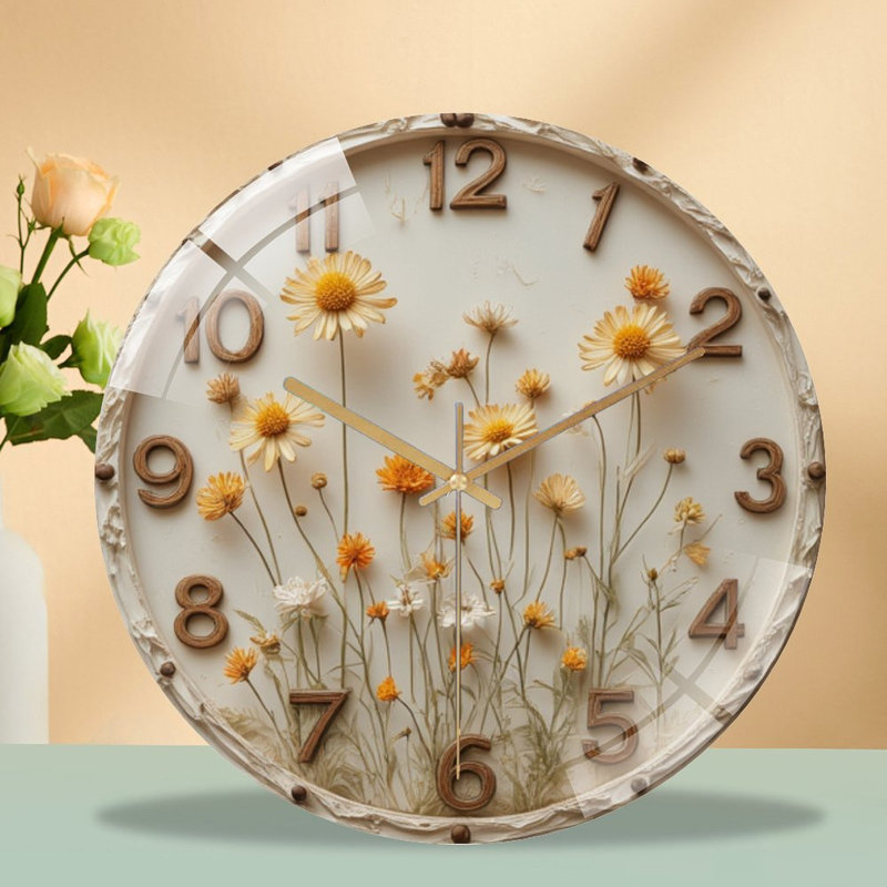 Dried Flowers Adorn A Floral Clock Face Art - 12'' Modern Glass Wall Clock