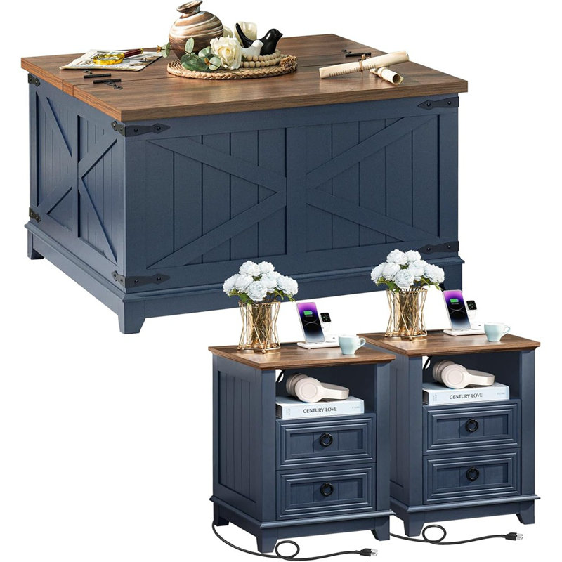 Ensemble de 3 tables basses de style campagnard, ensemble de meubles avec station de charge, ensemble de 3 tables basses avec rangement caché et ensemble de table de nuit, ensemble de table de centre de campagne pour le salon, le bureau et la maison