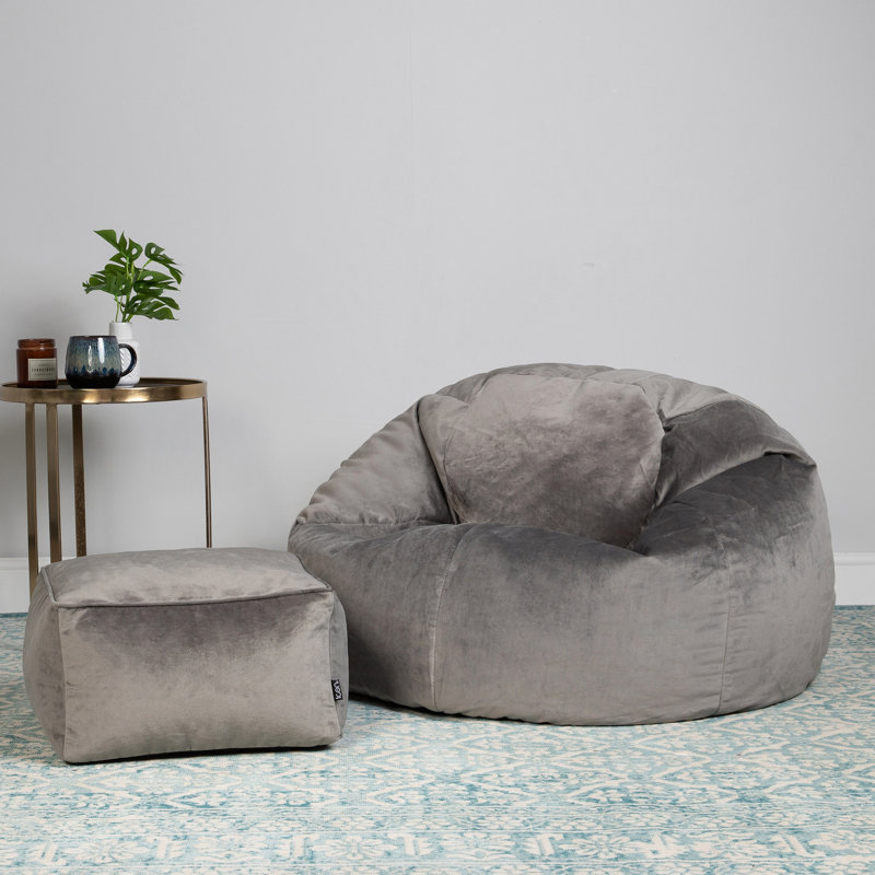 Kingston Velvet Bean Bag and Square Footstool, Charcoal Grey