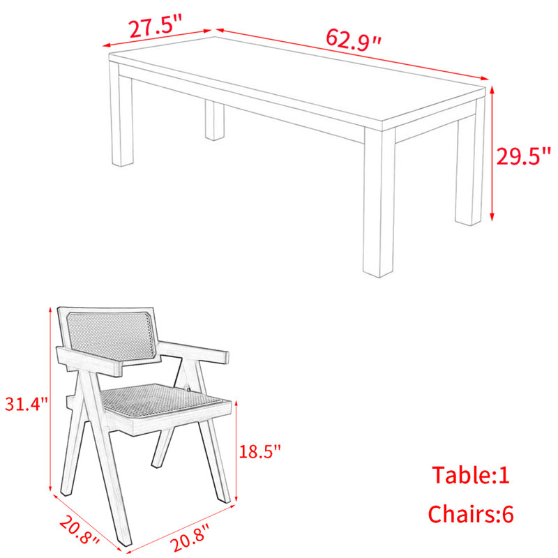 Modern simple solid wood dining table set., 29.5"H x 62.9"L x 27.5"W
