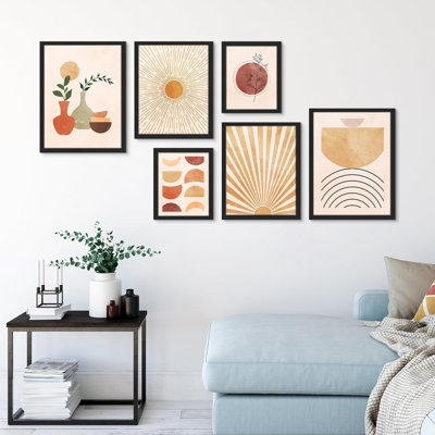 «Pastel Shining Sun, Plant Vase, Polygons Abstract Shapes», art moderne encadré sur papier, 6 pièces