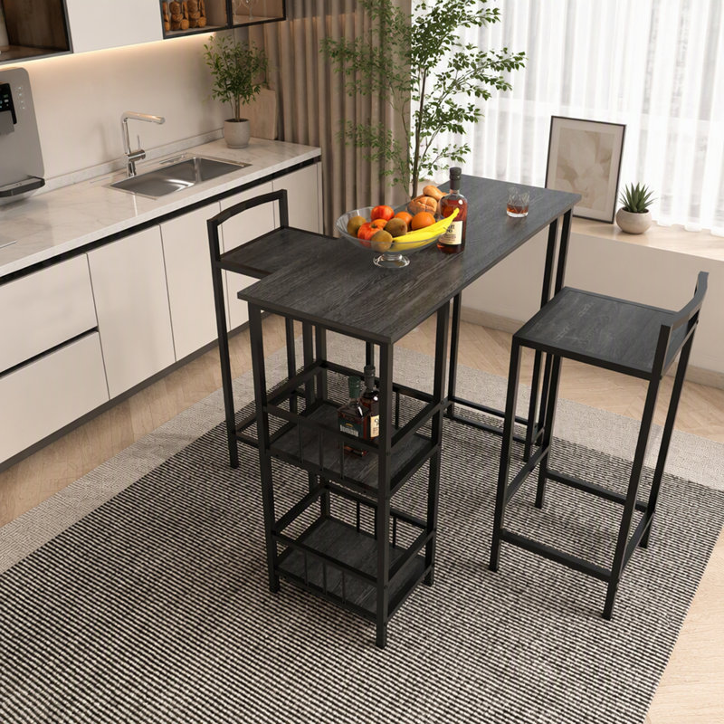 Ensemble de table de bar haute de style industriel avec étagères de rangement latérales et tabourets sans dossier