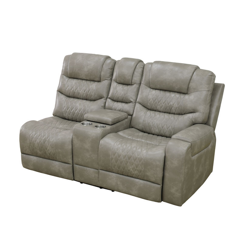 Ensemble de canapé modulaire inclinable 3 pièces en similicuir gris respirant avec canapé, coin, causeuse, console de rangement, porte-gobelets, ports USB et éclairage à DEL
