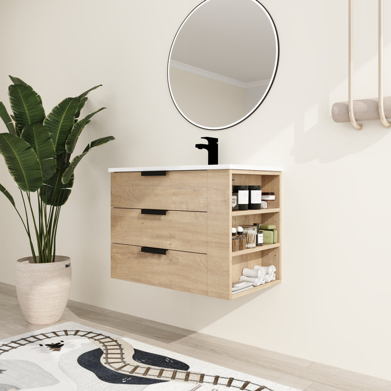 Meuble-lavabo mural simple 30 po avec plateau en résine blanche Jexby, Oui