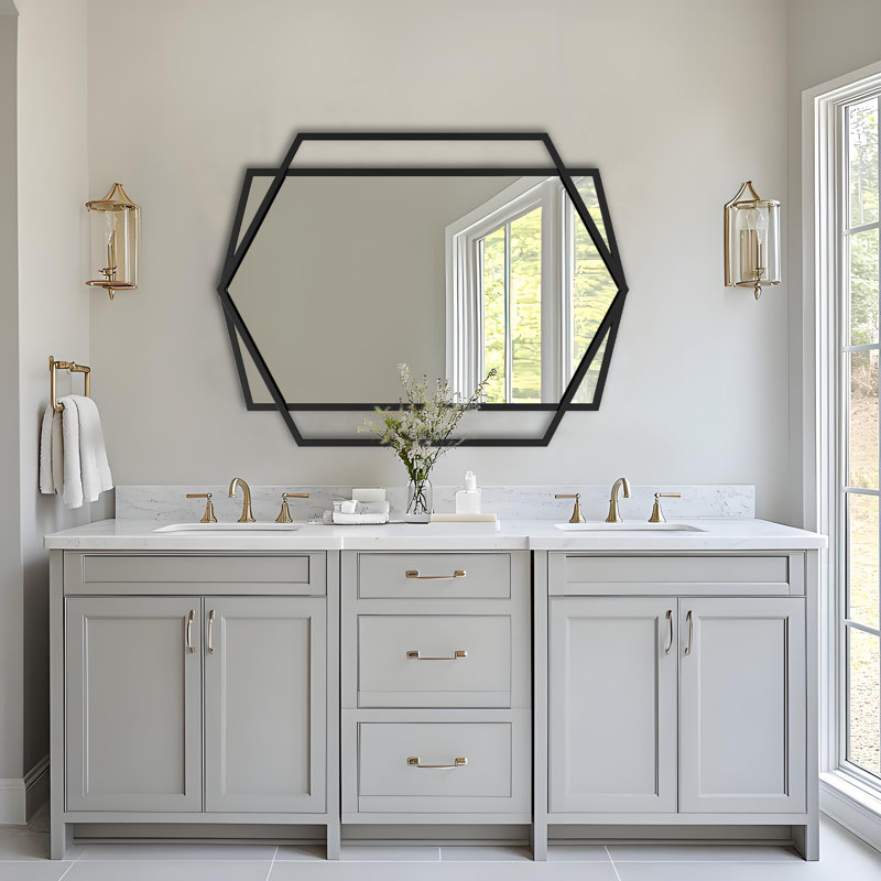 Wall Decorative Mirror, Modern Wall Mirror For Bathroom, Wall Vanity Mirror With Irregular And Rectangular Metal Black Frame