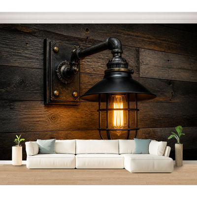 Wall Mural Peel and Stick Wallpaper Vintage Industrial Wall Lamp Warm Edison Bulb Rustic Wooden Wall Self-Adhesive Removable Contact Paper Wall Decor for Living Room Bedroom 100"H x 144"W