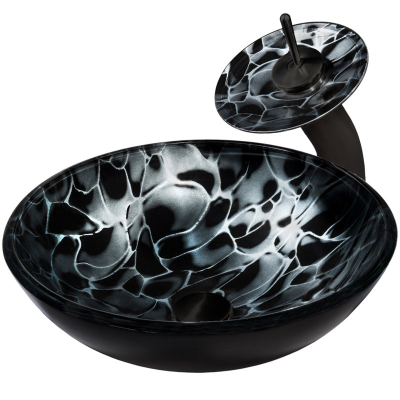 Novatto 16.5'' Glass Circular Bathroom Sink with Faucet, Matte Black