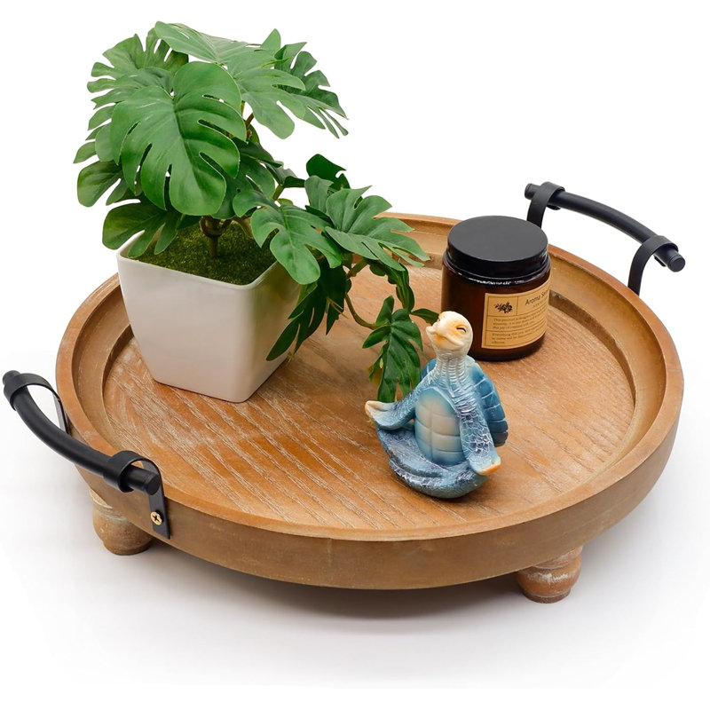Wooden Decorative Tray For Coffee Table, Round Wood Serving Tray With Metal Handles, Rustic Wood Trays For Tale Centerpiece, Home Kitchen Farmhouse Decor