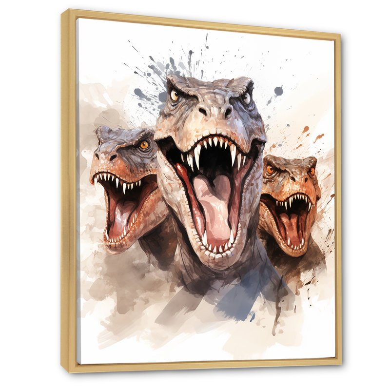 «Family of Velociraptor Dinosaurs Portrait» - art mural dinosaure, Cadre flottant brun, H 32 po x l 24 po x P 1 po
