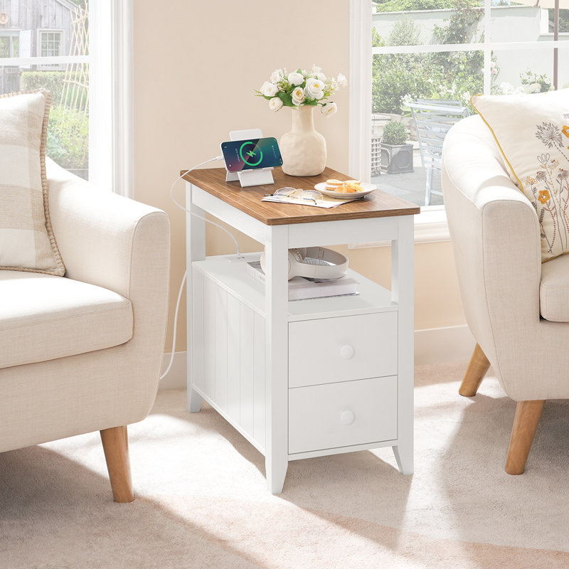 Table de bout à 2 tiroirs avec station de chargement et de rangement 23,6 po Tacito, Blanc