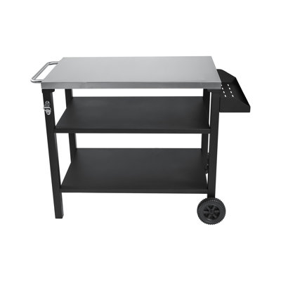 3 chariots de gril noirs avec plateau en acier inoxydable et tablette latérale, table de préparation de barbecue mobile sur roulettes pour la cour arrière, éléments de construction extérieurs, espace de rangement amélioré, mobilité en douceur