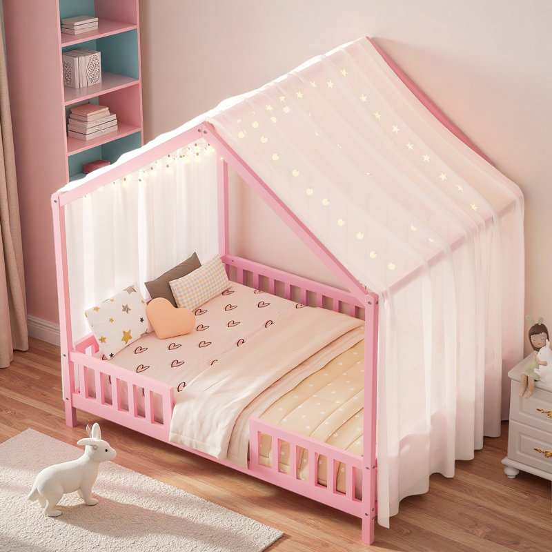 Structure de lit en forme de maison avec balustrades hautes et auvent supérieur, Lit double, Rose
