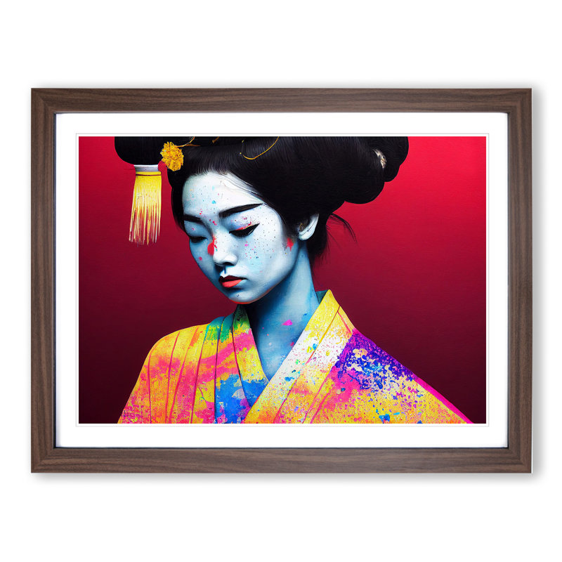 Colourful Geisha Vol.3 - Single Picture Frame Print, 25cm H x 34cm W x 2cm D, Walnut Framed